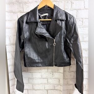 Cropped Black Vegan Faux Leather Biker Jacket - Women's Moto Style